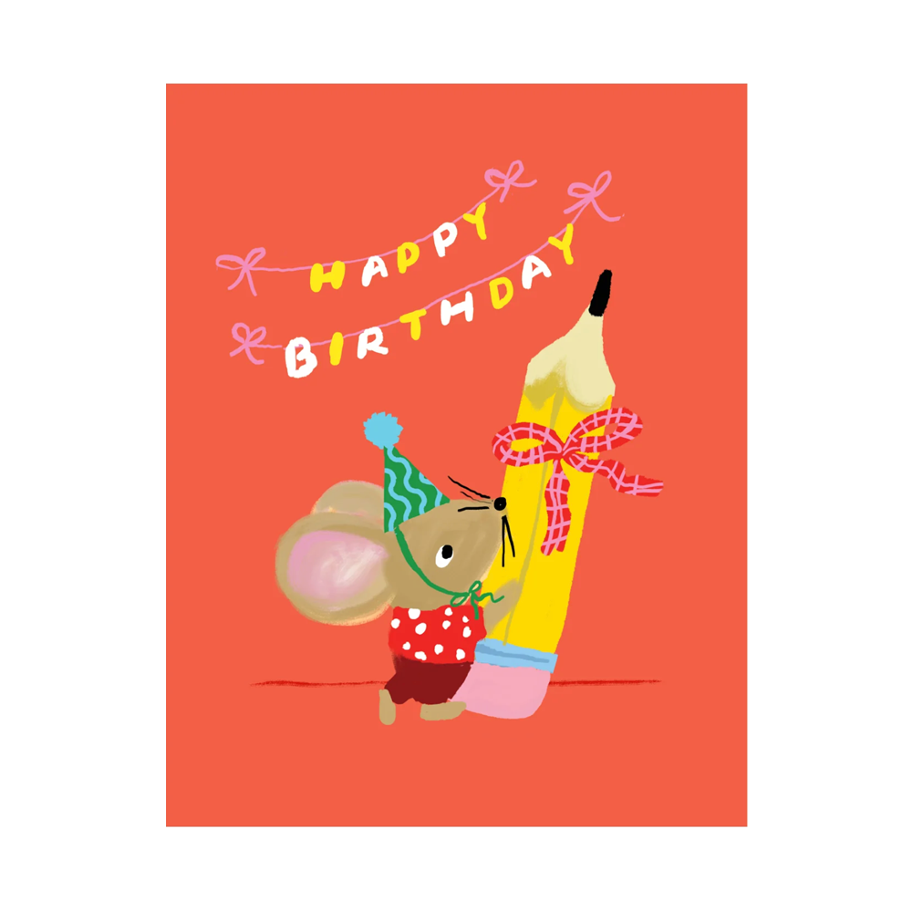 Birthday card with a "Happy Birthday" sign and a mouse holding a pencil.