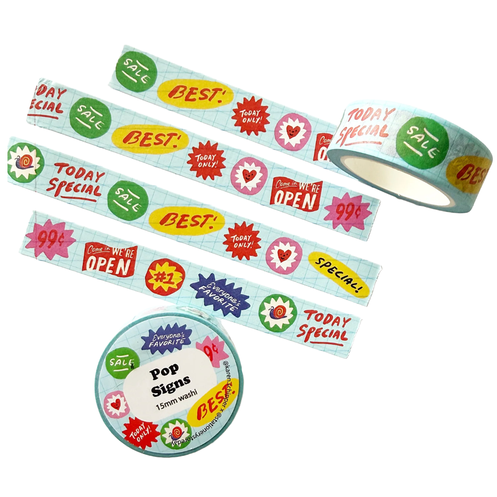 Washi tape featuring retro sale and promotional graphics, including 'SALE', 'BEST', 'TODAY SPECIAL', 'OPEN', and '#1'.