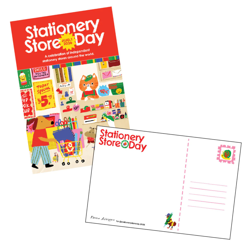 A stationery postcard featuring a colorful 'Stationery Store Day' poster design.