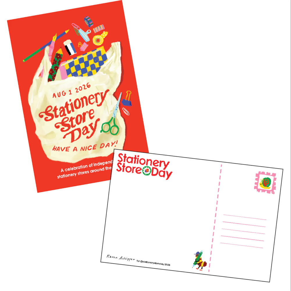Postcard with stationery bag design on the front and postcard design on the back.