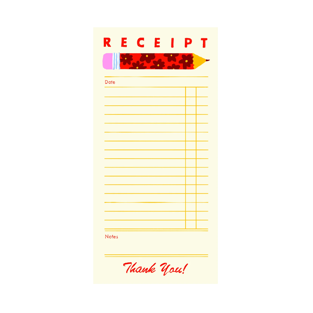 Notepad with RECEIPT title and a pencil illustration. Contains lines matching a guest check for writing.