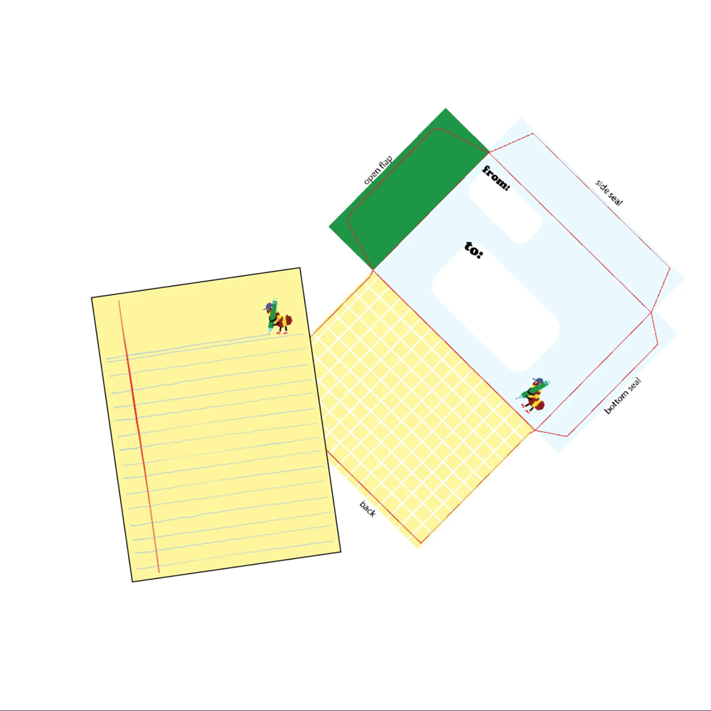 Letter writing set with yellow lined paper featuring a scribble bug and a blue, yellow and green envelope with to: and from: blanks.