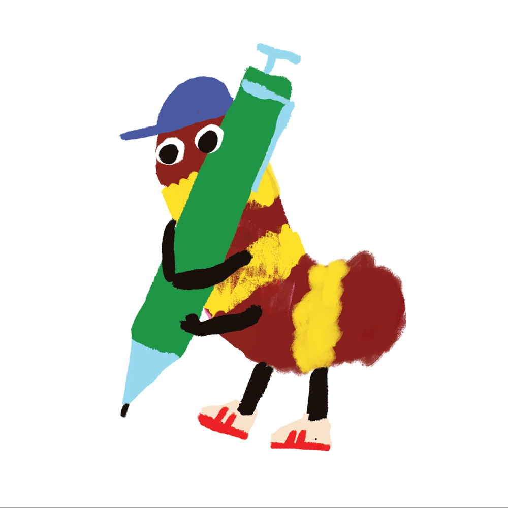 A colorful cartoon illustration of a bug hugging a large green pen, wearing a blue cap, red and yellow body stripes, black limbs, and red-and-white shoes, on a plain white background.