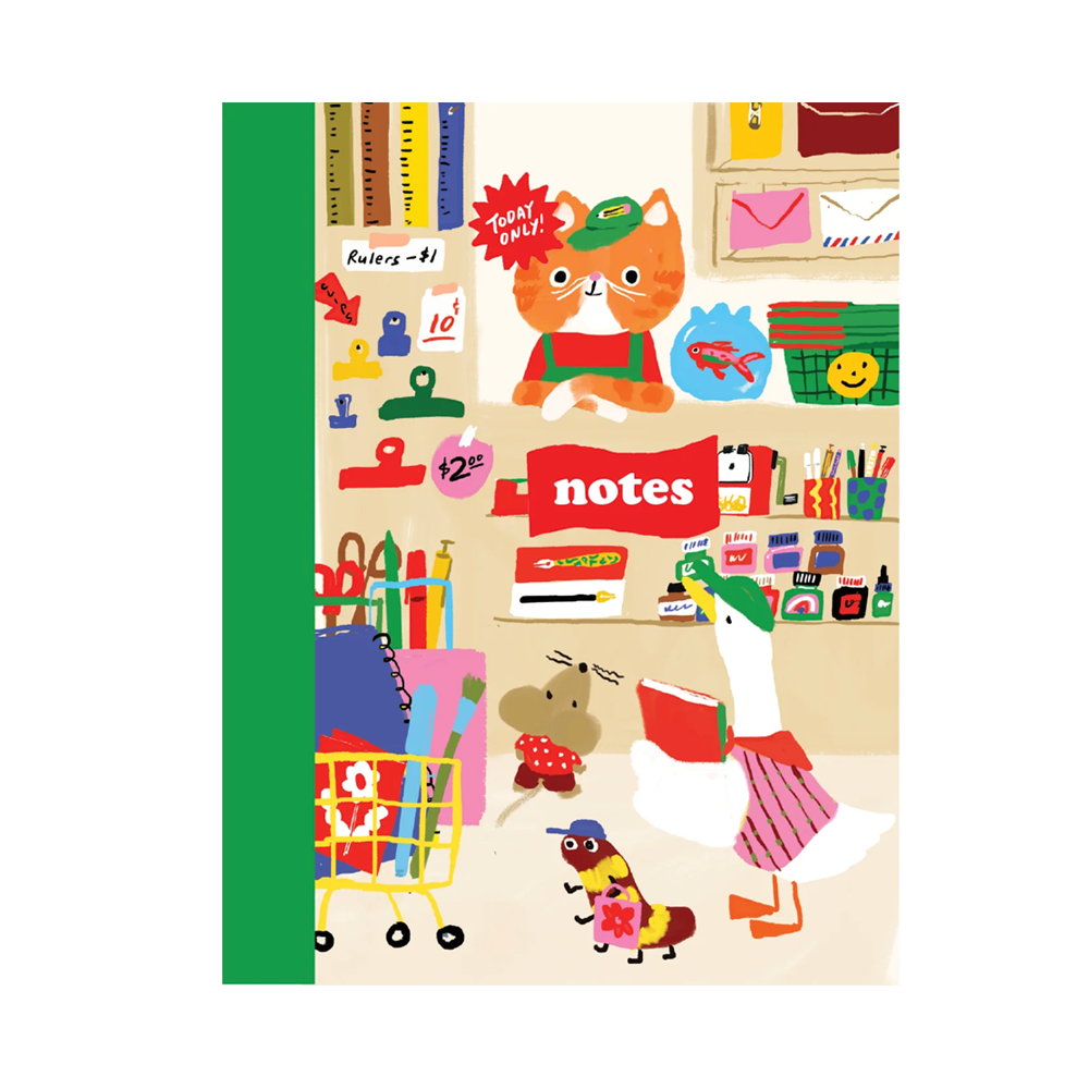 Composition book with a cat shop keep at a cash wrap with stationery goods and animal customers.