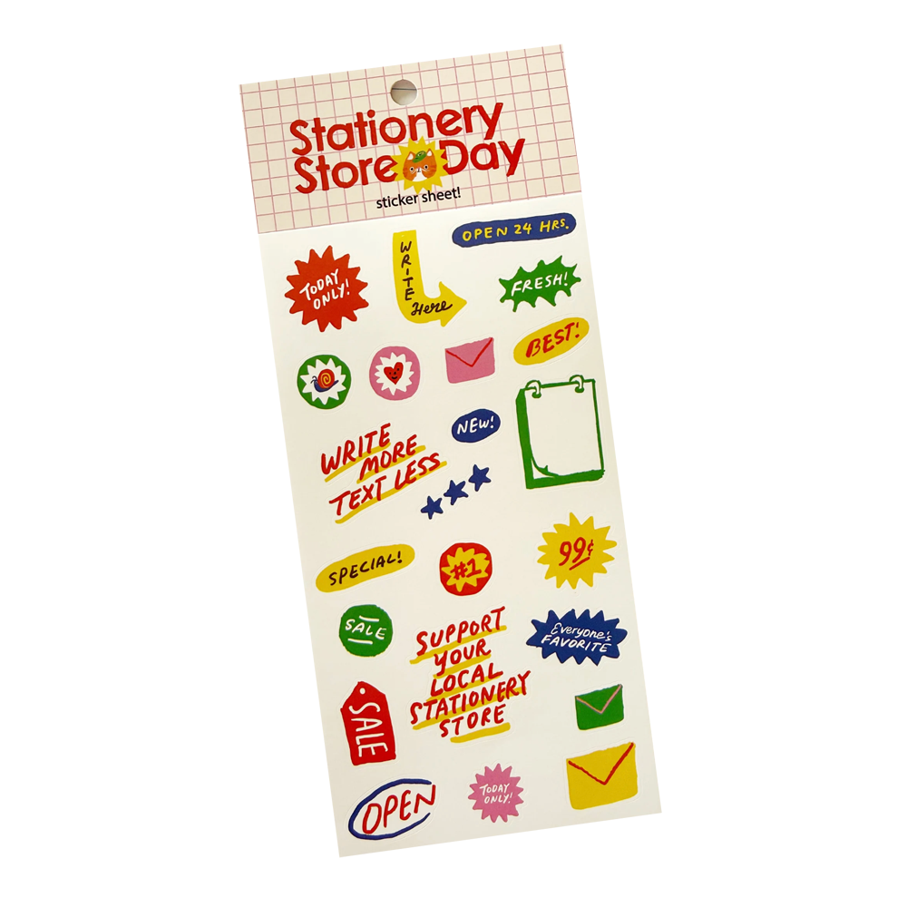Sticker sheet with ad illustrations for stationery stores.