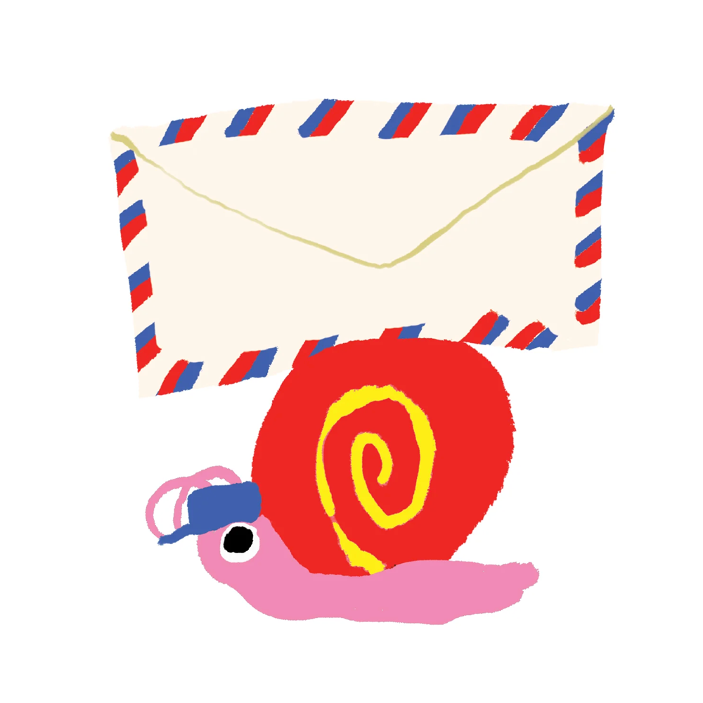 A whimsical illustration of a pink snail with a red spiral shell and blue hat, carrying a cream-colored envelope with red and blue striped borders on a plain white background.