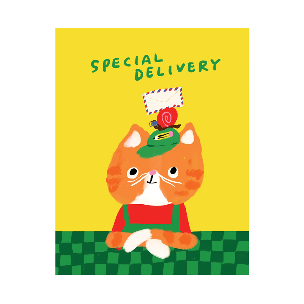 Cat with a snail on its' cap holding an envelope with the text, "Special Delivery"