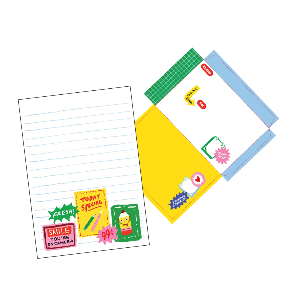 Letter writing set with groceries ads designs.