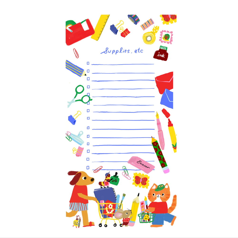 Notepad with Supplies.ect. heading and various stationery and animal illustrations around the border.