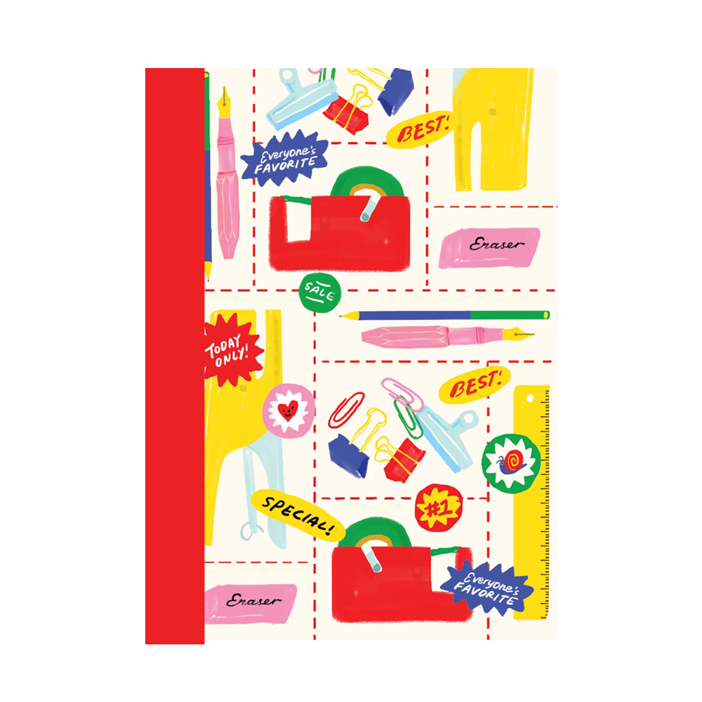 Composition book with red binding and stationery illustrations on the cover.