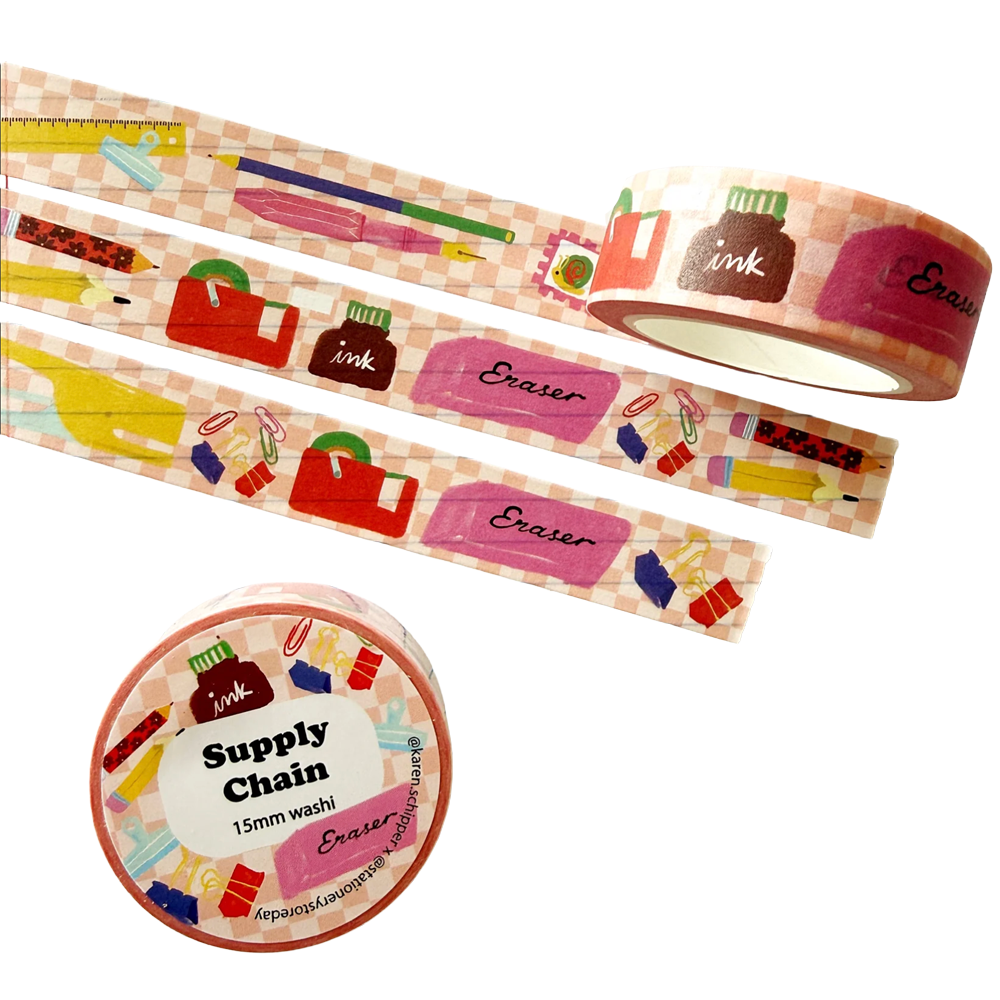 Washi tape with various stationery item illustrations such as ink, pencils, tape, and more.