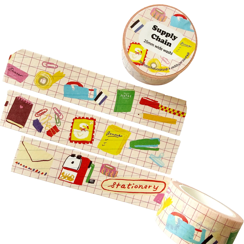 Washi tape with various illustrations of stationery supplies such as stamps, envelopes, paperclips, and more.