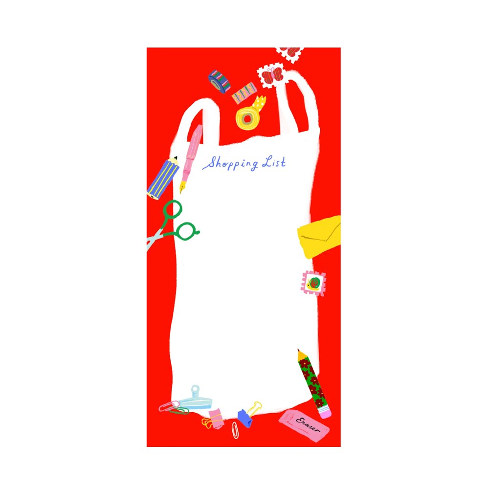 Shopping list notepad with long white tote bag and various stationery illustrations.
