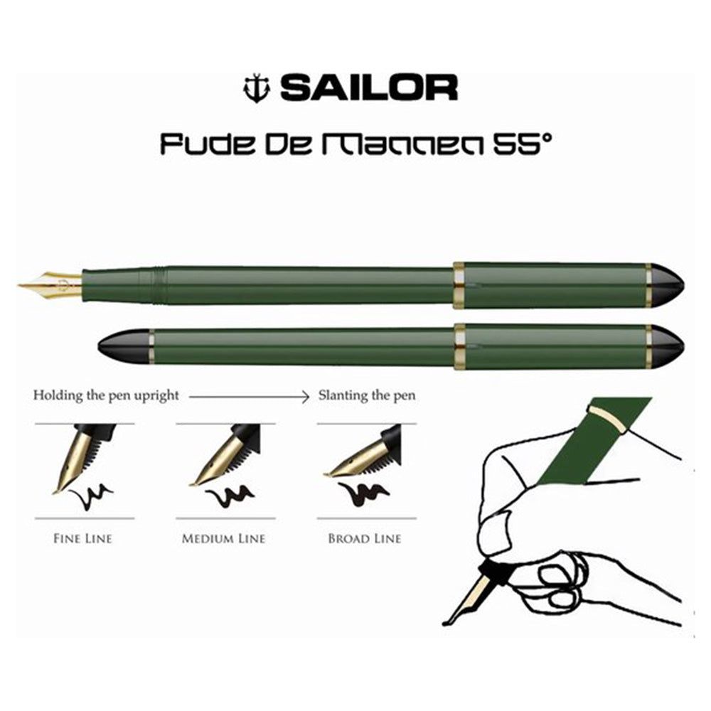 Sailor Fude De Mannen Fountain Pen - Nib Angle 55 Degrees - Green