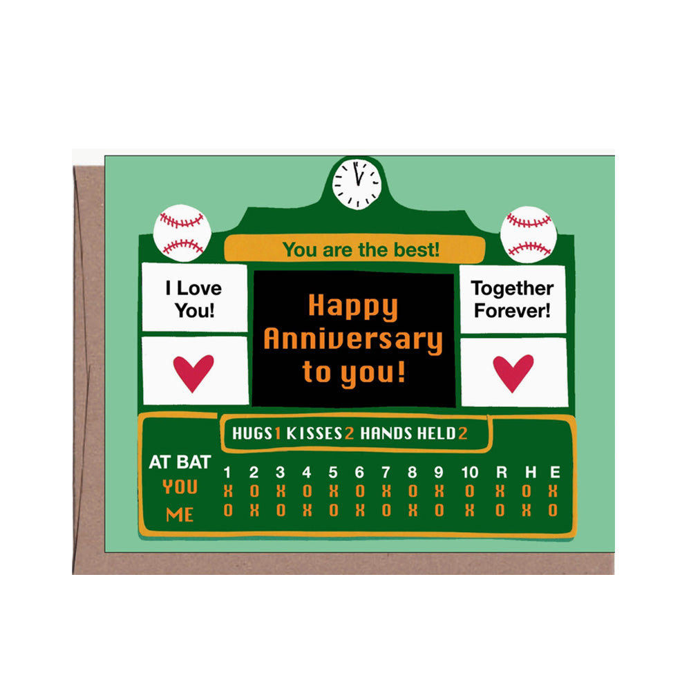 Card with baseball scoreboard and text, "Happy Anniversary to you!" "You you are the best!" "I love you!" and "Together Forever!" on a white background