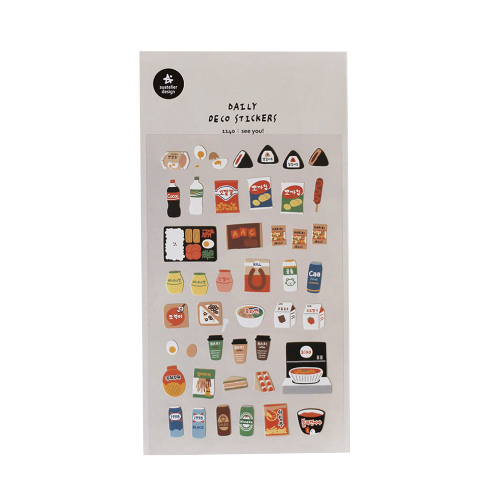 Sticker sheet featuring different snacks and sodas.