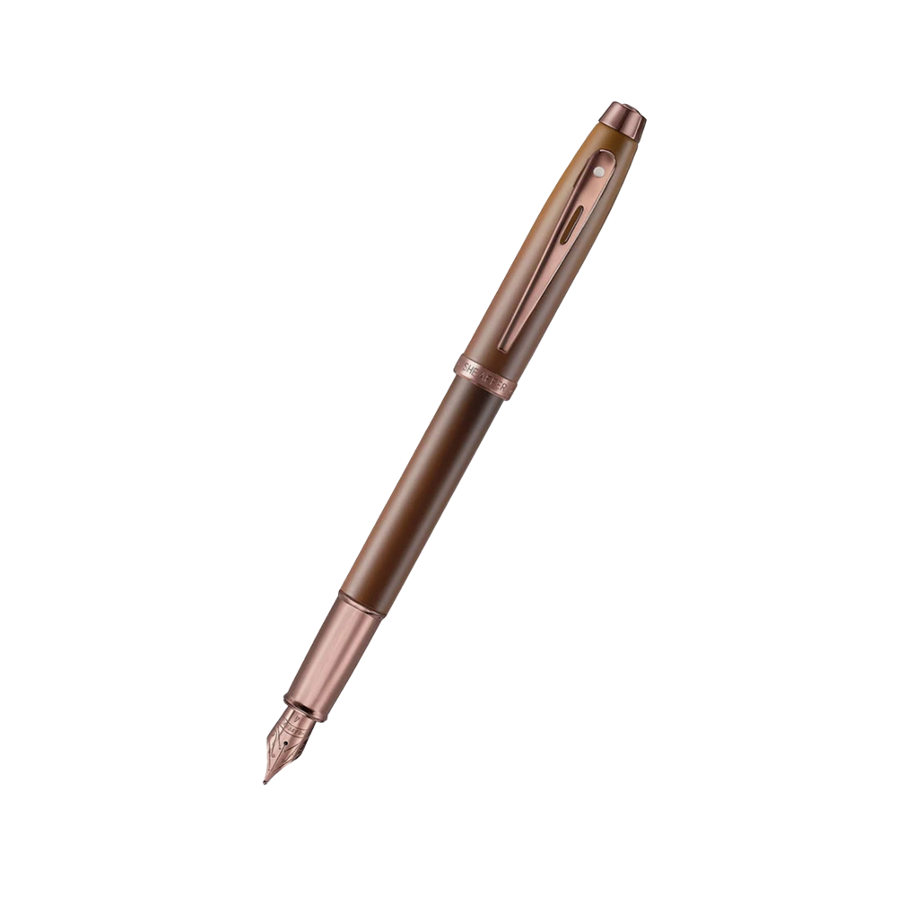 Rose gold fountain pen on a white background