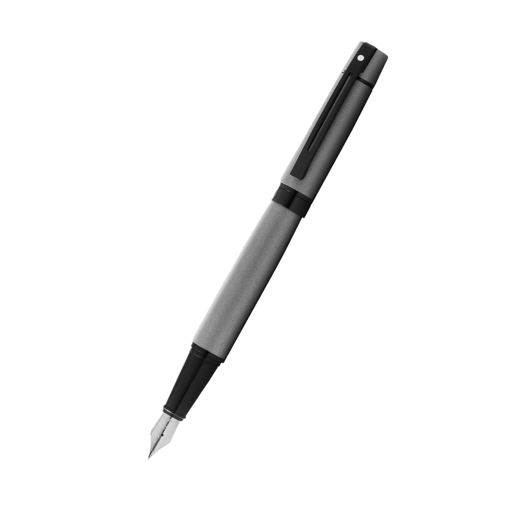 Fountain pen with black and gray design on a white background