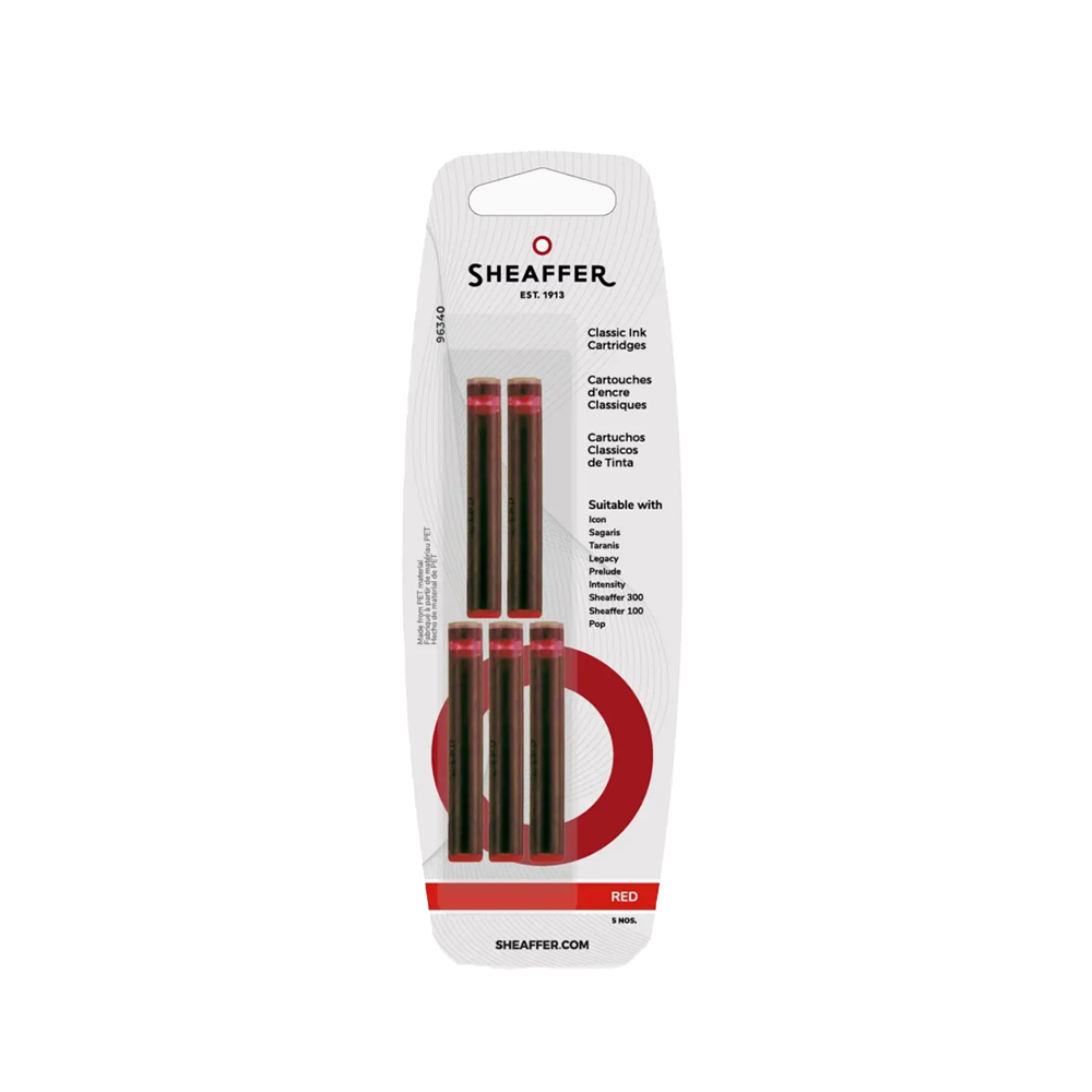 Sheaffer ink cartridge packaging with red cartridges on a white background