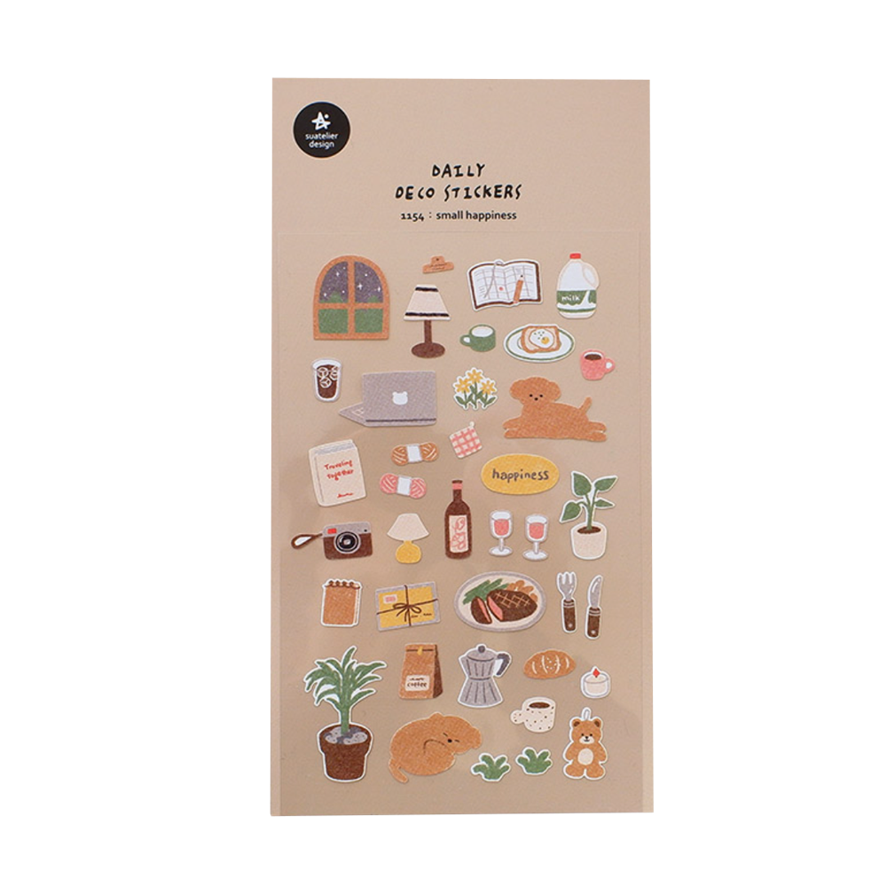 A sticker sheet with small icons like a laptop, camera, puppy, coffee, teddy bear, etc.
