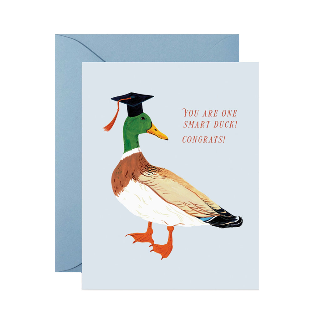 A blue card with a duck in the middle wearing a graduation cap. The words "You Are One Smart Duck! Congrats" are next to it.