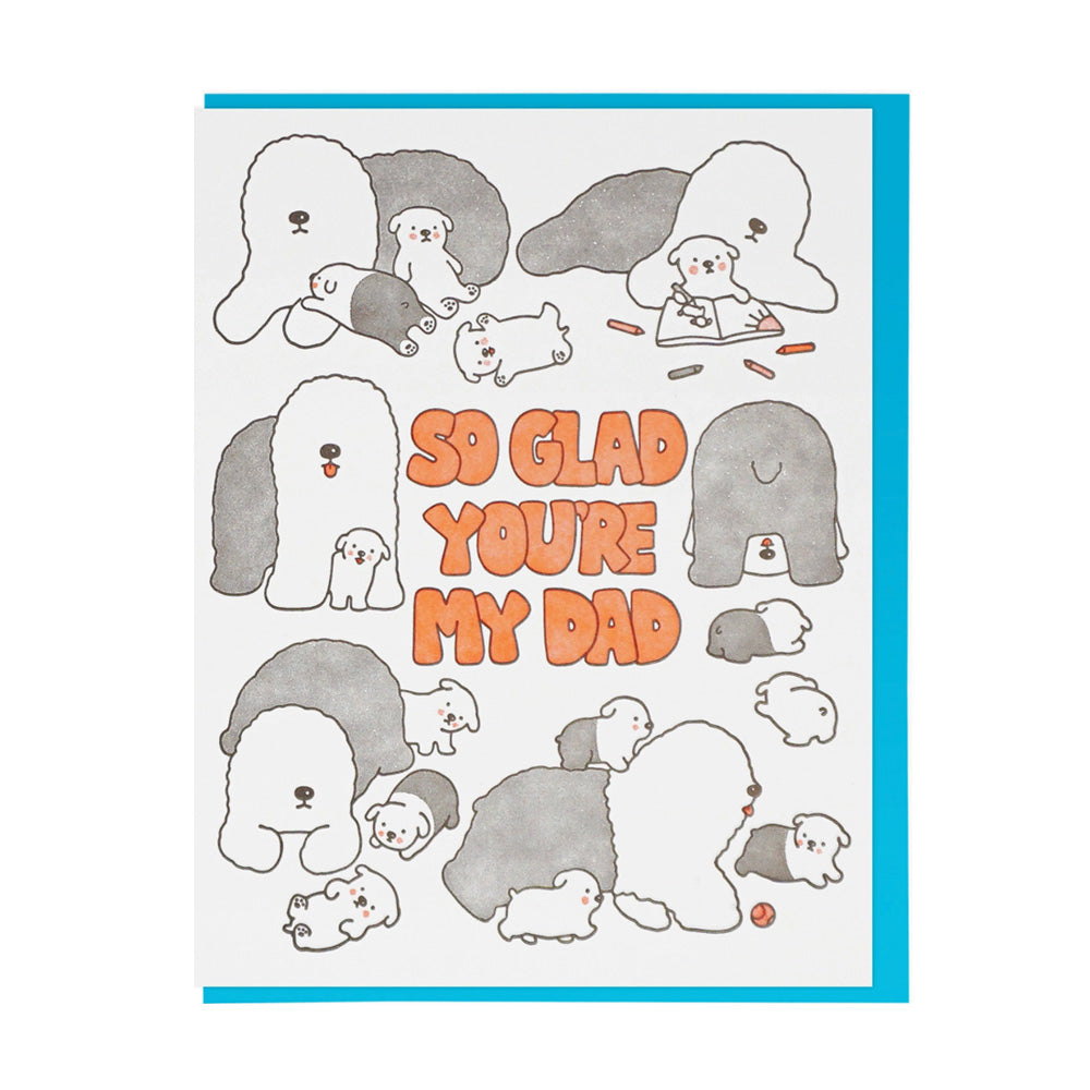 Card with cartoon dogs and 'So Glad You're My Dad' text on a white background