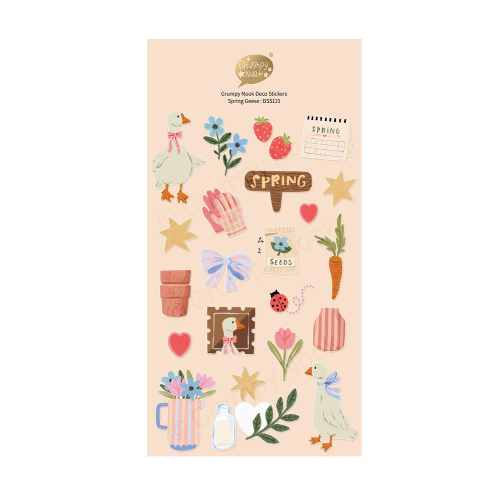 Sheet of decorative stickers with spring-themed designs on a pink background