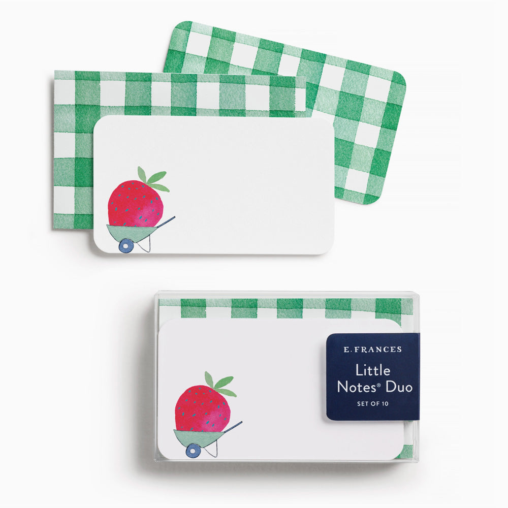 Set of two small cards with a checkered design and a strawberry illustration, featuring the brand 'E. Frances'.