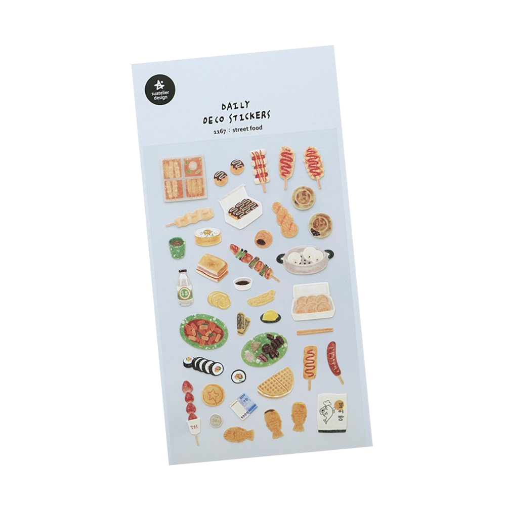 Sheet of daily deco stickers featuring various food items on a white background.