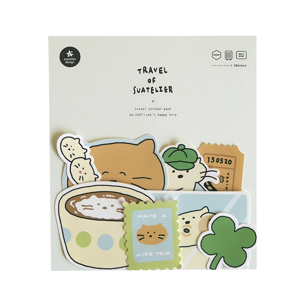 Sticker pack of cat travel illustrations such as a postage stamp, four leaf clover, coffee, a ticket, etc.