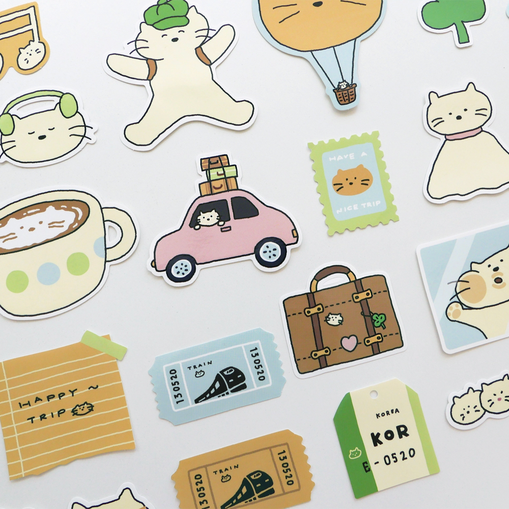 Sticker pack of cat travel illustrations such as a postage stamp, luggage, a car, notes, coffee, etc.