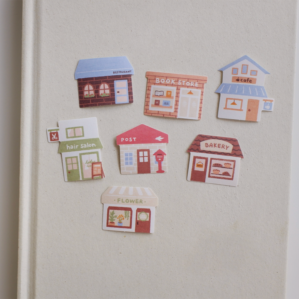 Pack of stickers of illustrated shops like Bakery, Flower Cafe, Bookstore, etc.