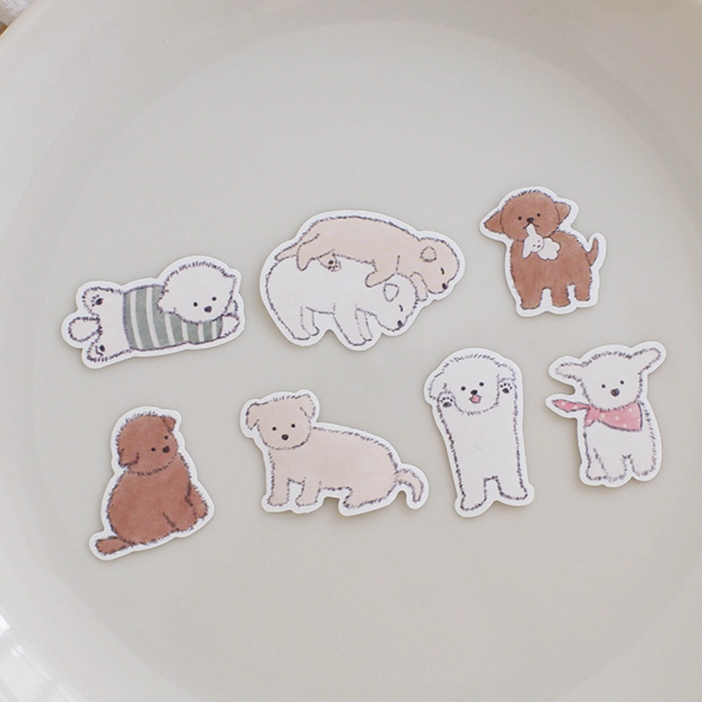 7 different designs of hand-drawn puppies