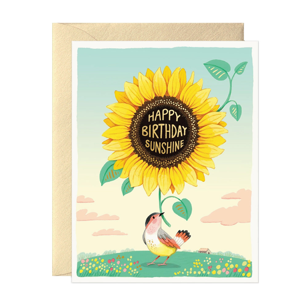 Birthday card with sunflower and bird illustration on a white background "Happy birthday sunshine" text.