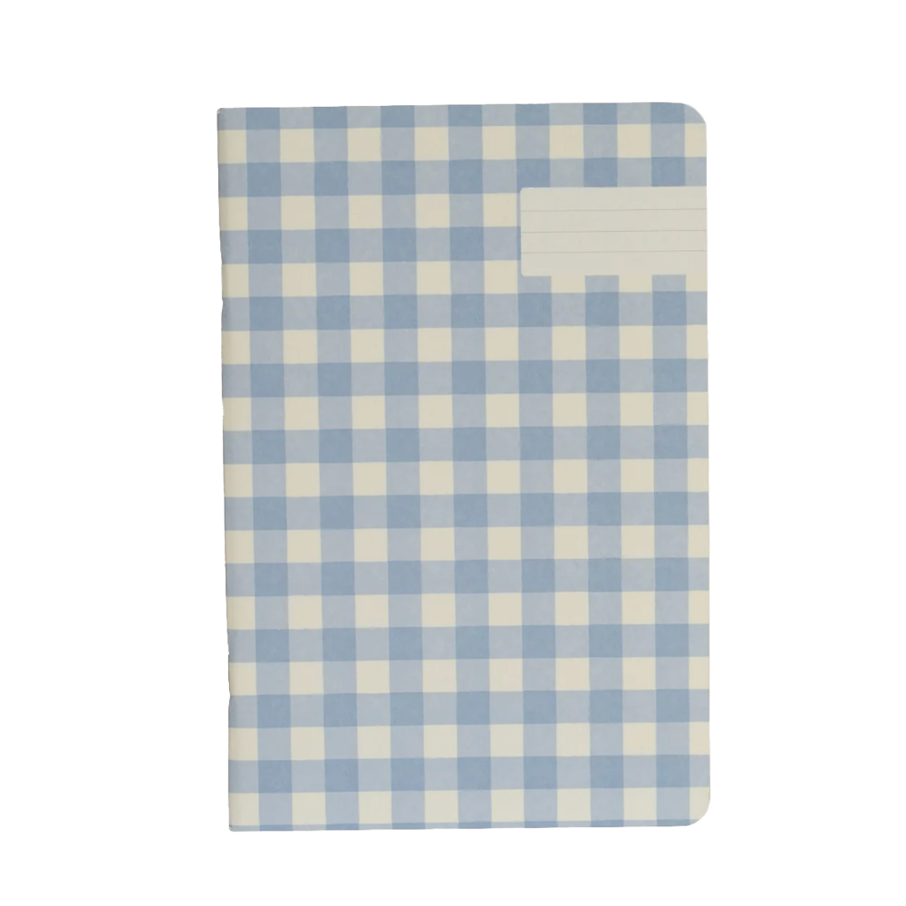 Checkered notebook with blue and beige pattern on a white background