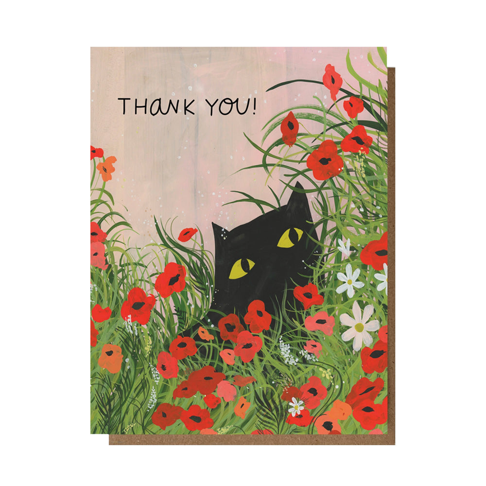 Greeting card with a black cat among red flowers and the text 'THANK YOU!'.