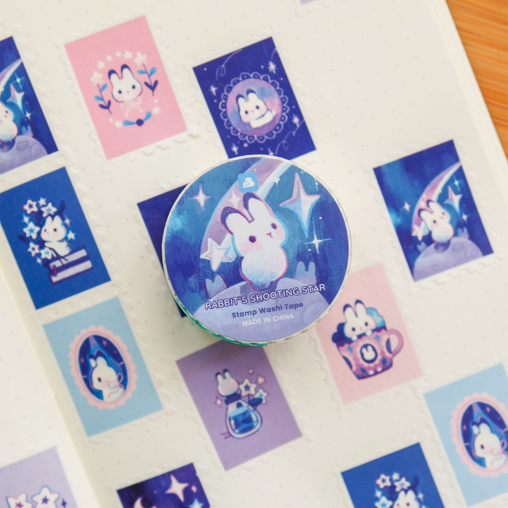 Set of cartoon-themed stamps with a tin container on a white background