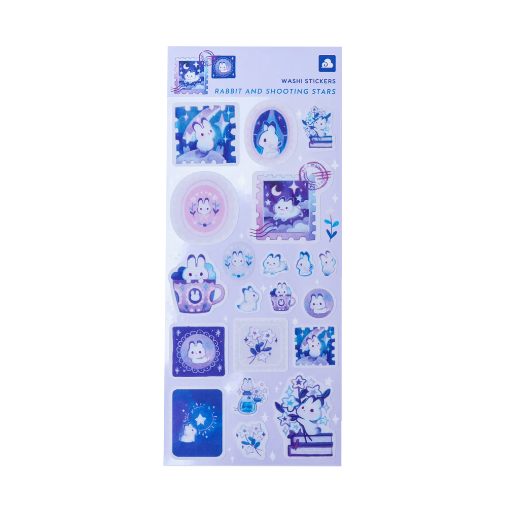 Sheet of washi stickers with cartoon designs on a white background