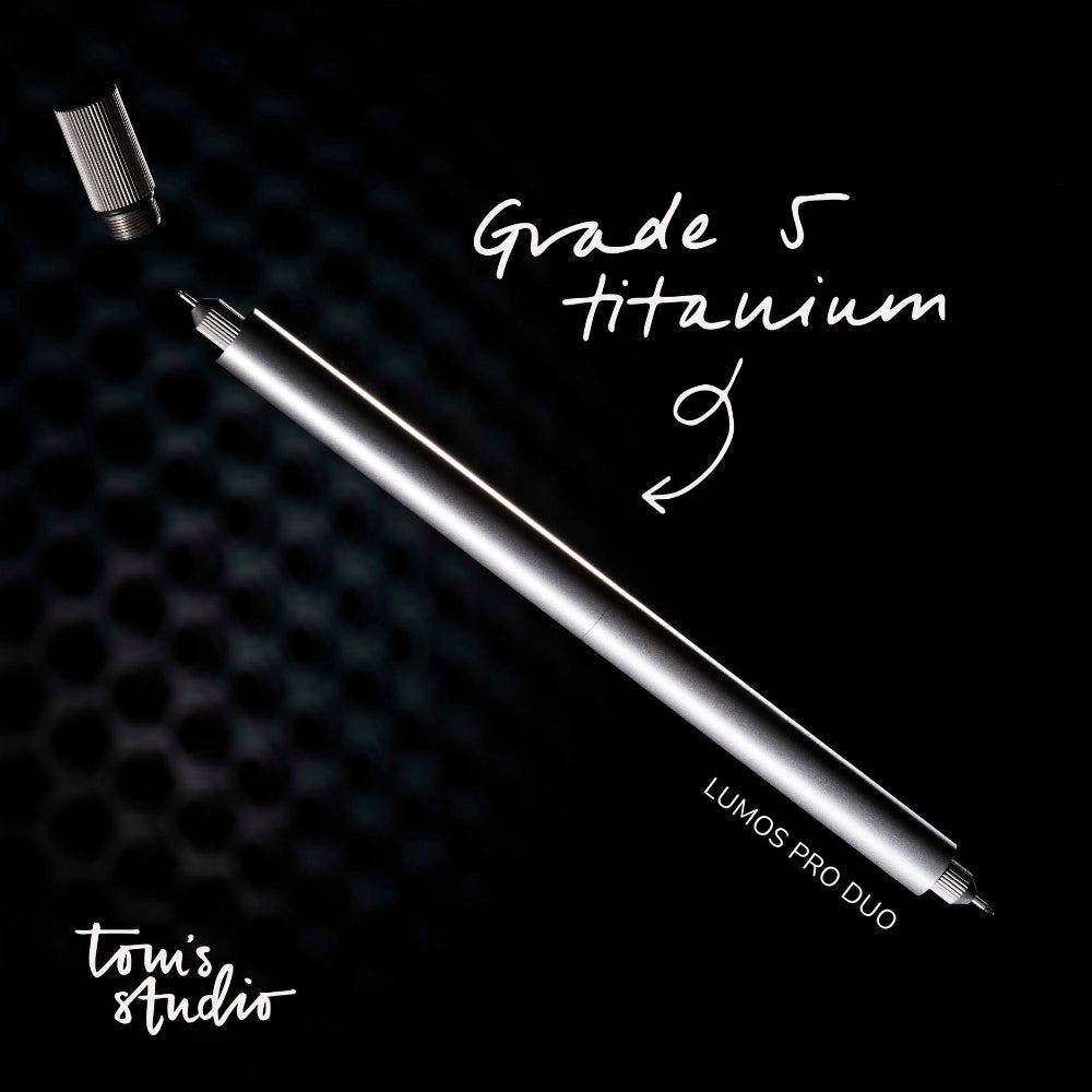 LUMOS PRO DUO light bar with 'Grade 5 titanium' text on a dark background, featuring 'Tom's Studio' branding.