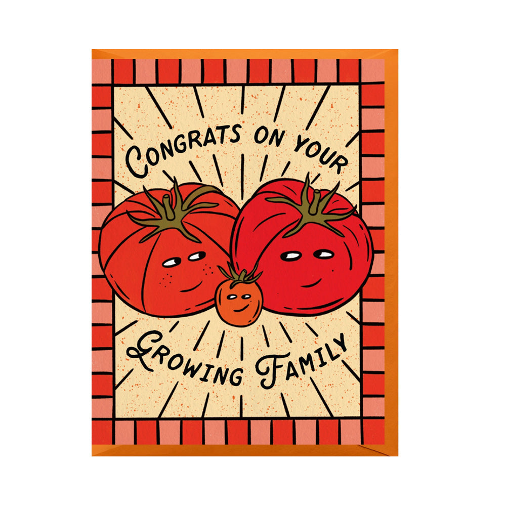 Card with cartoon tomatoes and text 'Congrats on your growing family' on a striped background