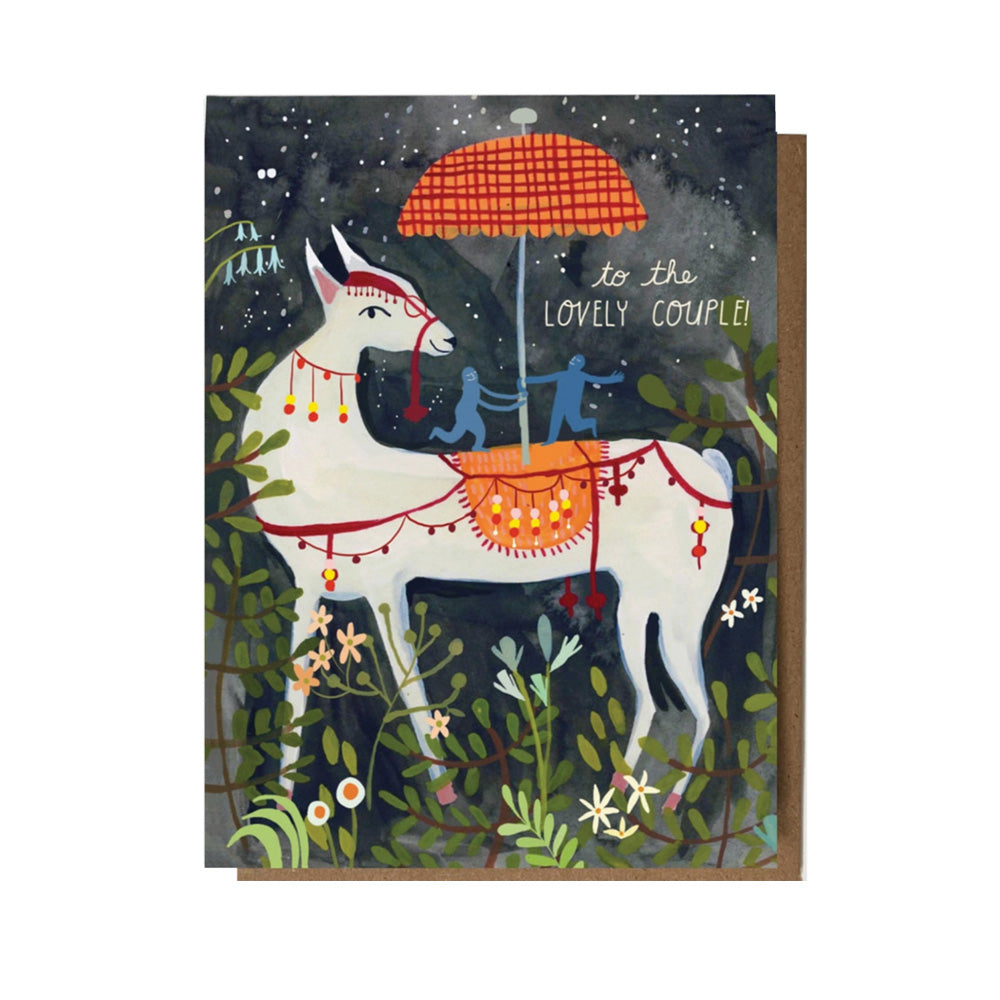 Greeting card with a stylized horse illustration and text 'to the lovely couple!' on a dark background.