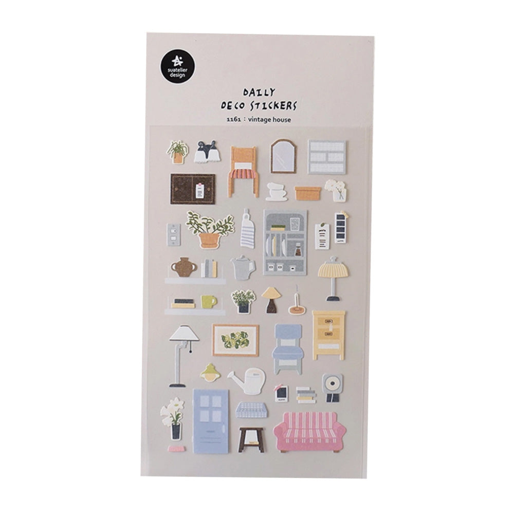 A sheet of vintage-style house stickers featuring various rooms and household items in a neutral color palette.