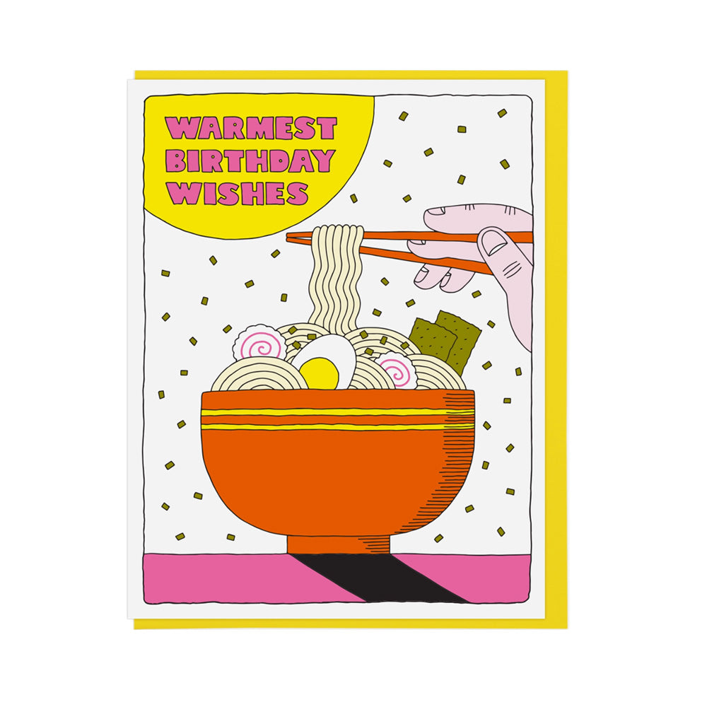 Birthday card with a bowl of ramen and chopsticks, featuring 'Warmest Birthday Wishes' text.
