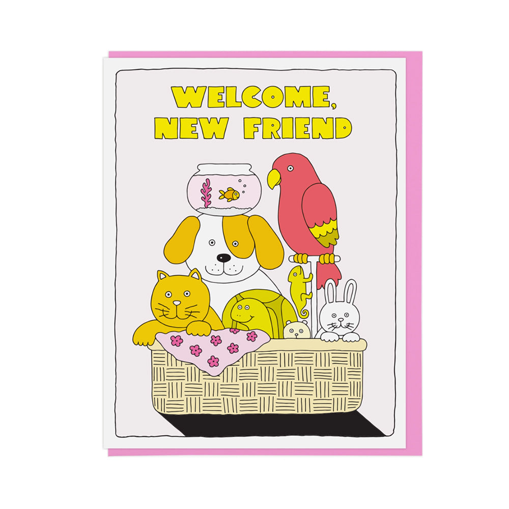 Card with cartoon animals in a basket and 'Welcome, New Friend' text on a white background.
