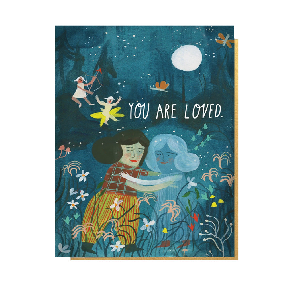 Illustration of a woman embracing a cloud with fairies and flowers in a night sky, featuring the text 'You are loved'.