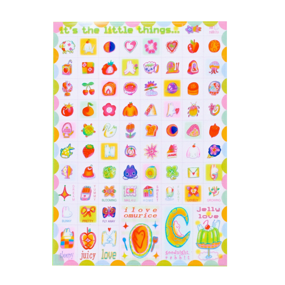 Sheet of colorful stickers with various designs on a white background